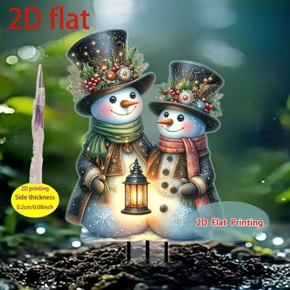 2D Festive Holiday Christmas Snowman Family with Lamp Garden Outdoor Stake